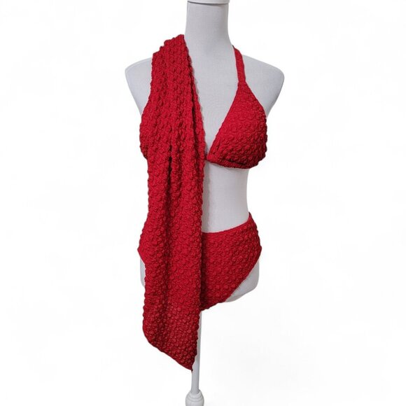 SHEIN Size XL Red Textured 3 Piece Bikini Set.  NEW without Tags - Picture 3 of 14